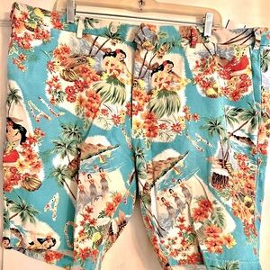 Polo Ralph Lauren Hula Dancing Girl Fun Shorts. Sz 42. Aqua blue. Cotton/Linen.